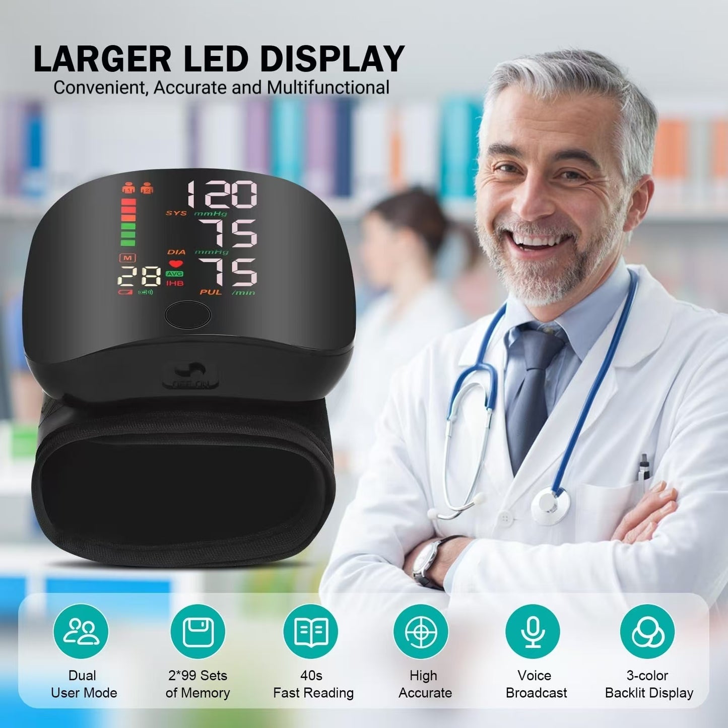 Tamos Wrist Blood Pressure Monitor – Rechargeable, Voice Broadcast, Large LED Display, Dual User Memory