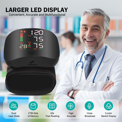 Tamos Wrist Blood Pressure Monitor – Rechargeable, Voice Broadcast, Large LED Display, Dual User Memory