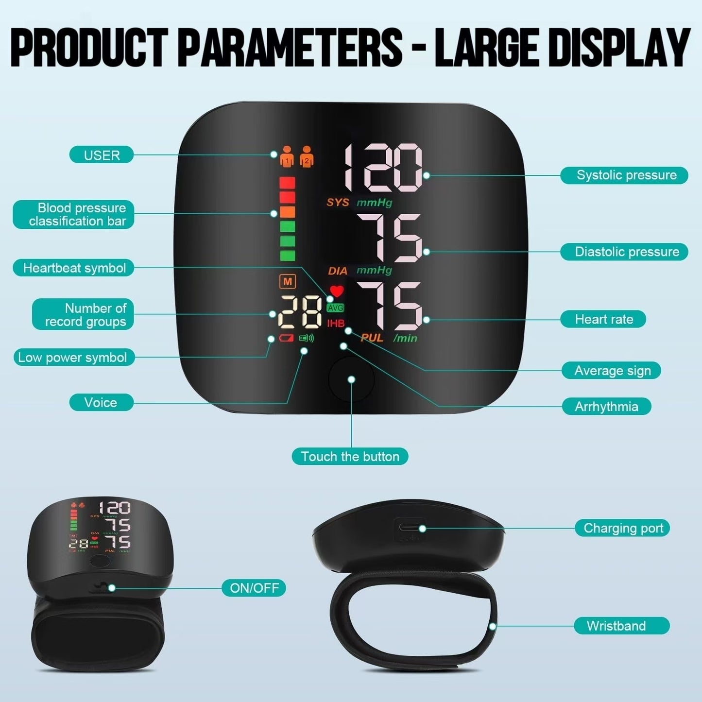 Tamos Wrist Blood Pressure Monitor – Rechargeable, Voice Broadcast, Large LED Display, Dual User Memory