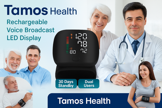 Tamos Wrist Blood Pressure Monitor – Rechargeable, Voice Broadcast, Large LED Display, Dual User Memory